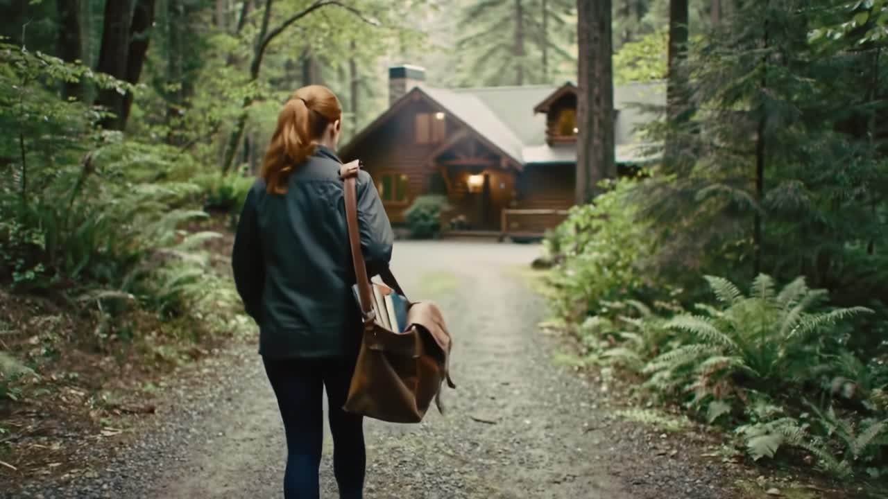 A woman approaches a charming cabin nestled among tall trees in a tranquil forest. She carries a bag filled with books, ready for a peaceful retreat in nature. The atmosphere is calm and inviting.