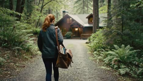 a woman approaches a charming cabin nestled among tall trees in a tranquil forest. she carries a bag filled with books, ready for a peaceful retreat in nature. the atmosphere is calm and inviting.