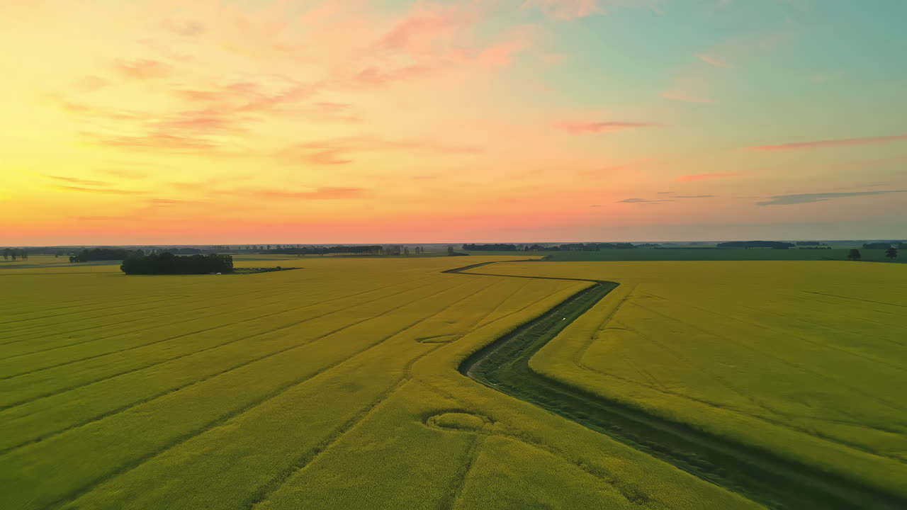 Aerial view of farmland at sunset with dirt roads crisscrossing the fields