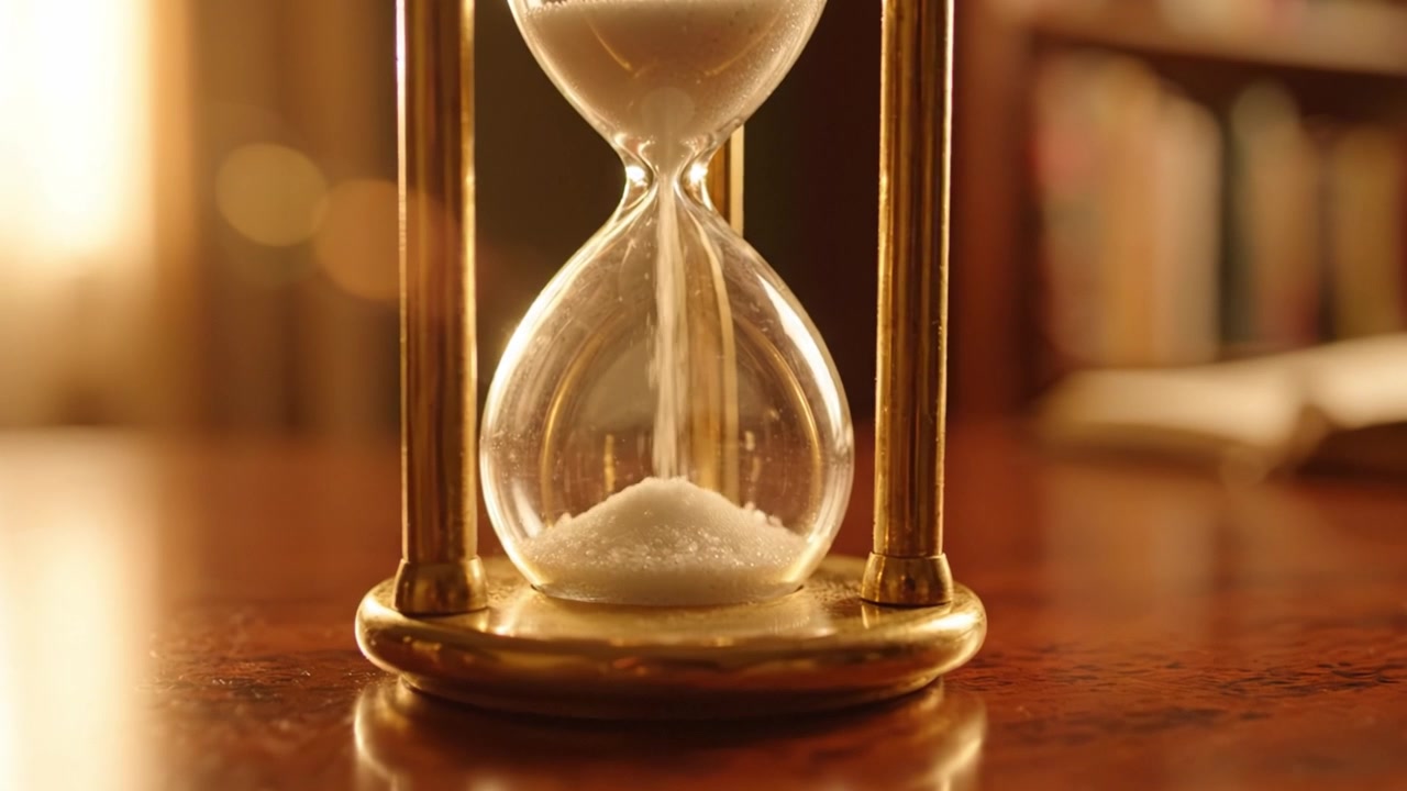 Ein Blick auf die Zeit: Eine elegante Sanduhr, die den Fluss des Sandes einfängt und das Vergehen und den Wert der Zeit in einer ruhigen Umgebung symbolisiert.