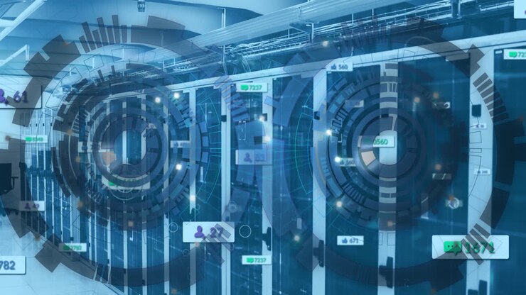 Animation of data processing and scope scanning over server room