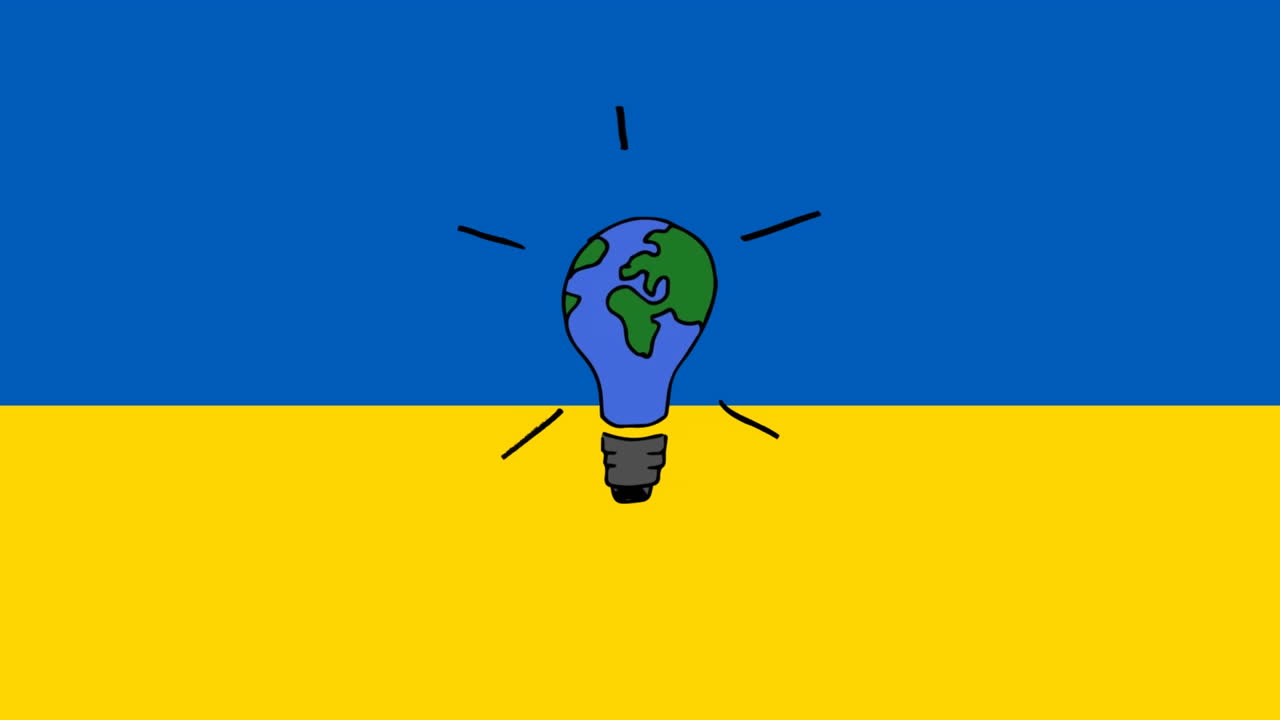 animación de una bombilla con un mapa del mundo sobre la bandera de ucrania