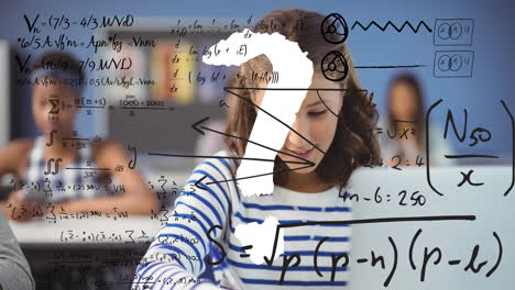animación de signos de pregunta con ecuaciones matemáticas sobre diversos estudiantes en el aula