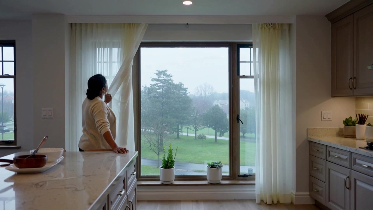 Noticing rain woman in cream cardigan pulling sheer curtain at kitchen island surveying, copy space