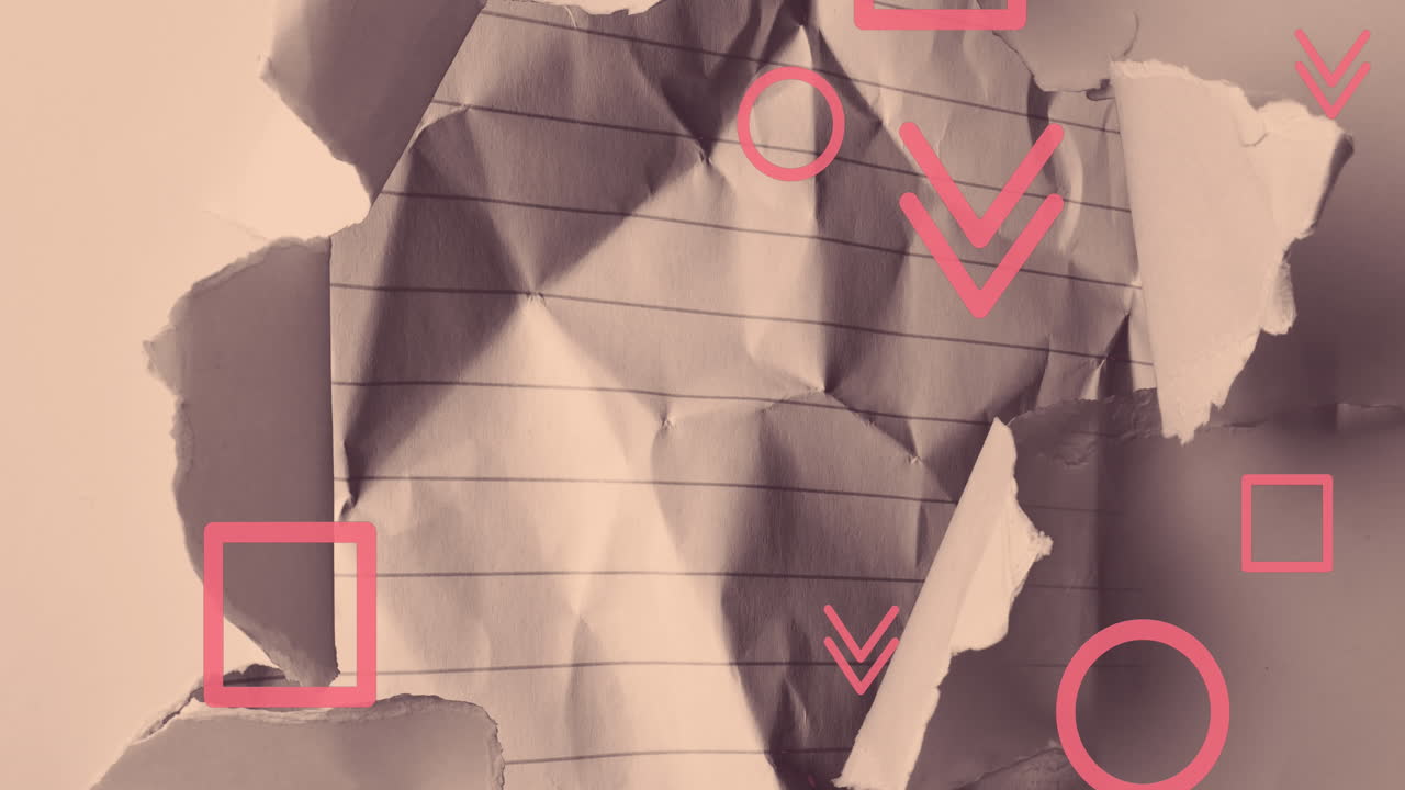 변하는 종이 배경 위에 떨어지는 분홍색 모양과 기호의 애니메이션