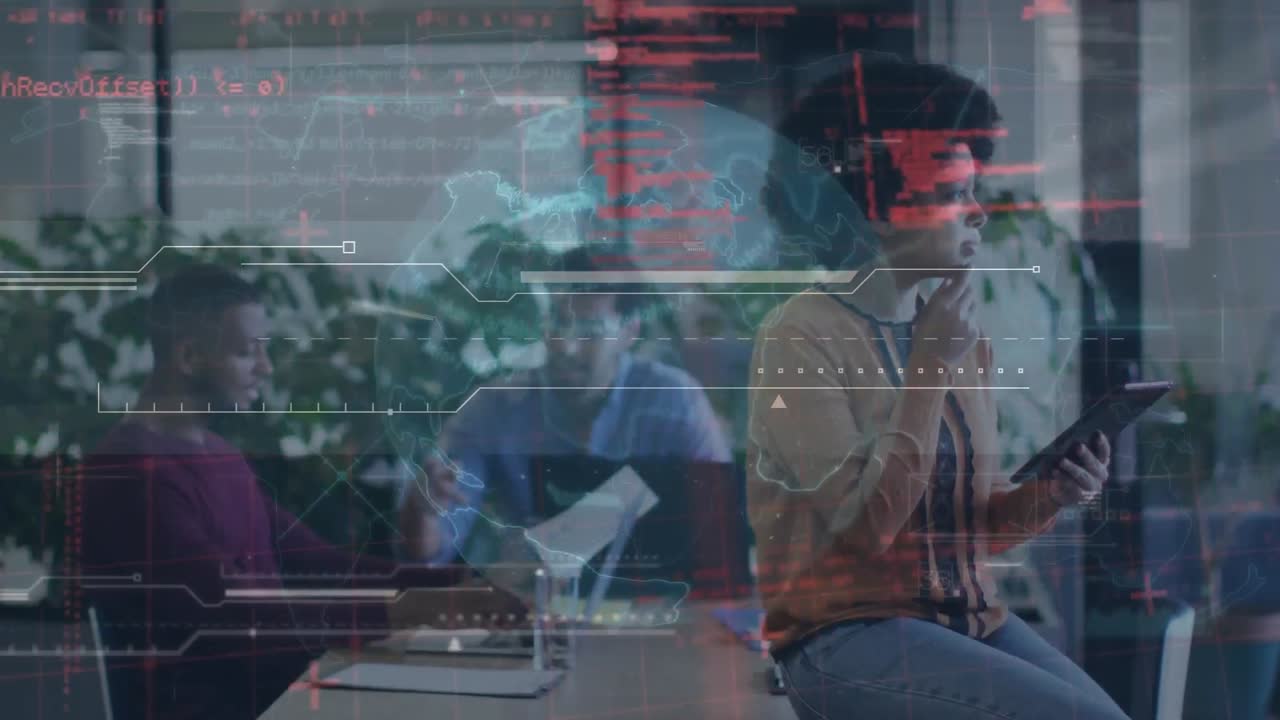 Animation of global network and data processing over african american woman using tablet in office