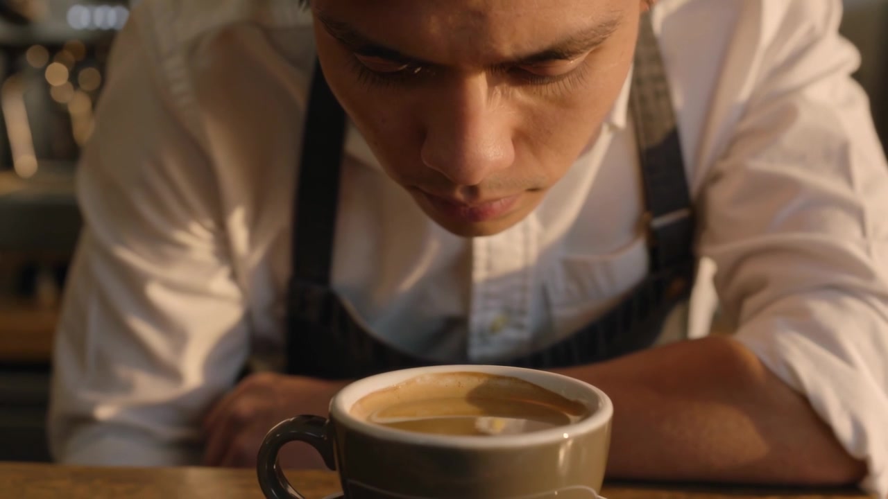 Barista si china per ispezionare la tazza posta sul bancone del caffè, controllando la qualità della crema, mentre indossa un grembiule scuro.
