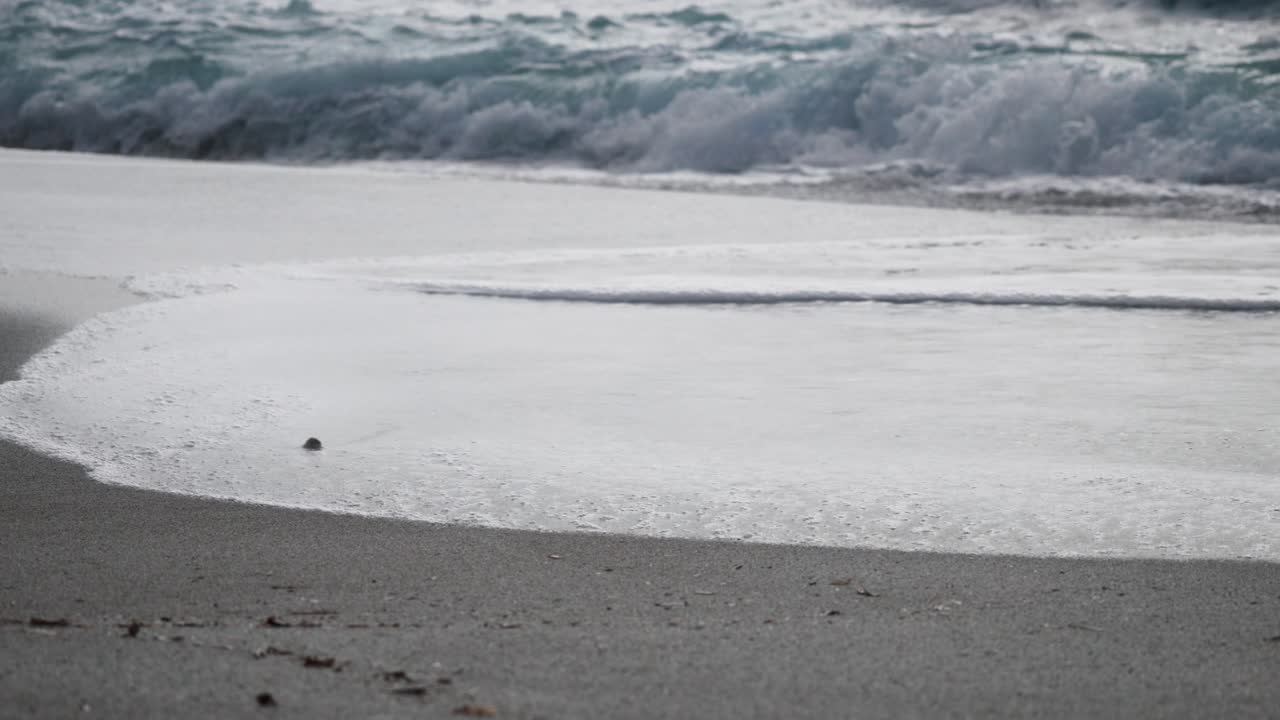 Rhythmic waves gently crash onto the shore, creating a soothing symphony of sound. The foamy surf dances across the golden sand, inviting beachgoers to enjoy the calming beauty of the ocean.