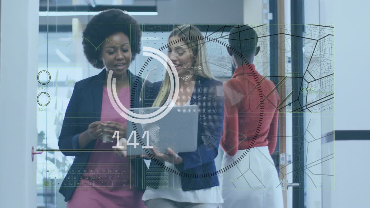 Animation of data processing over diverse female colleagues discussing work in office