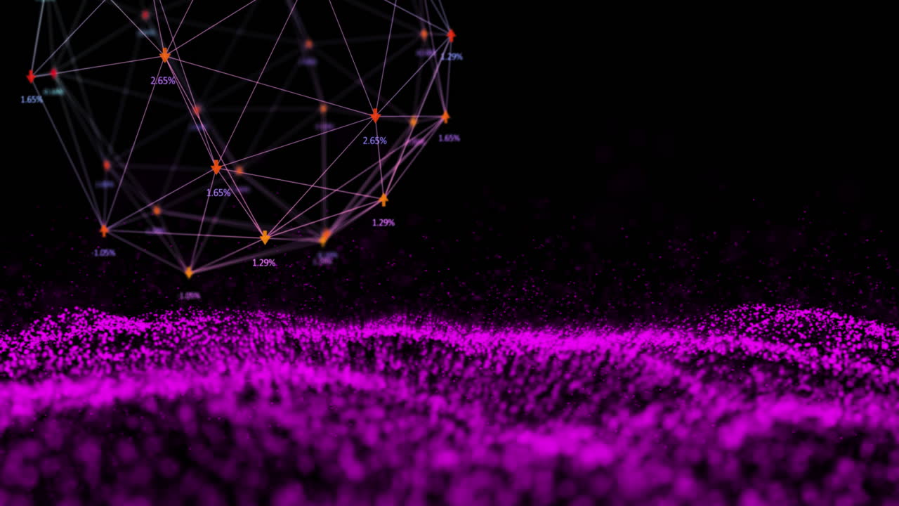 Animation of network of connections and pink glitter on black background