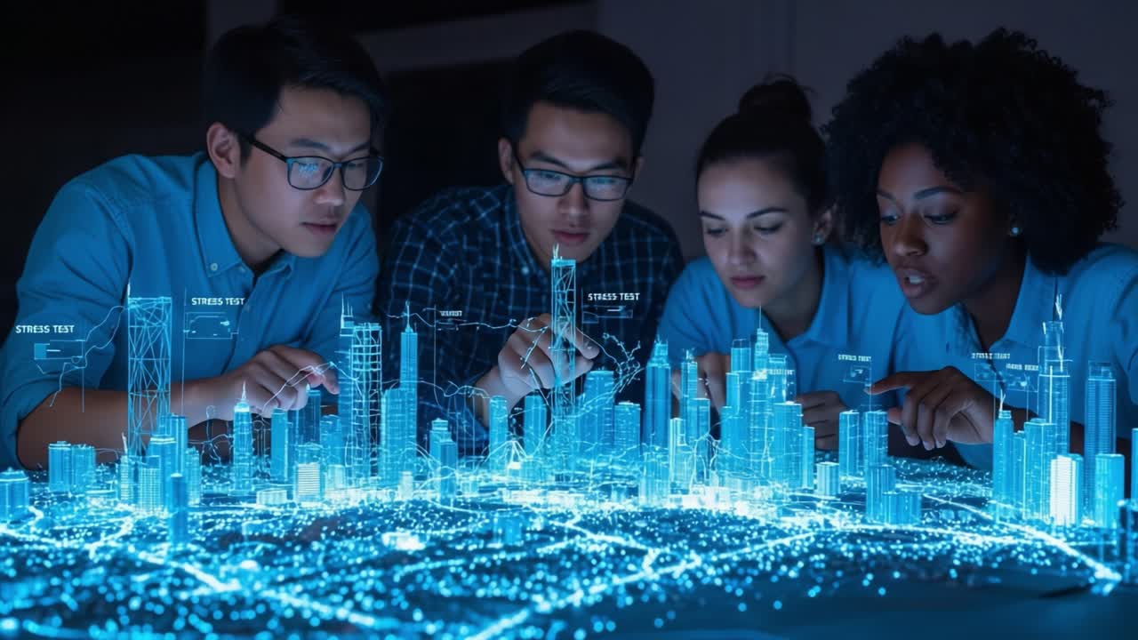 Exploring Urban Landscapes: A Group of Young Innovators Analyzing a 3D Digital City Model with Advanced Visualization Techniques and Real-Time Data Insights