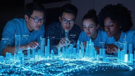 exploring urban landscapes: a group of young innovators analyzing a 3d digital city model with advanced visualization techniques and real-time data insights