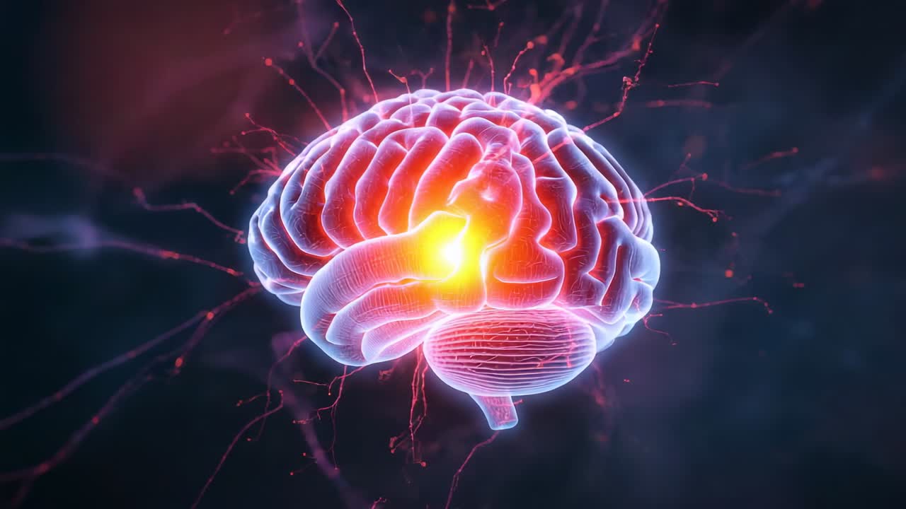 Starting with 3D brain model glowing core rotating in space, with neural filaments pulsing signals