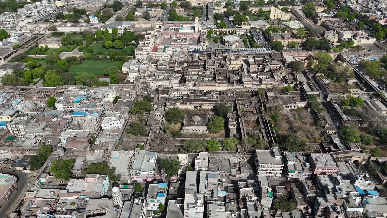 Peaceful top view of tree-lined streets and morning city movement in Jaipur