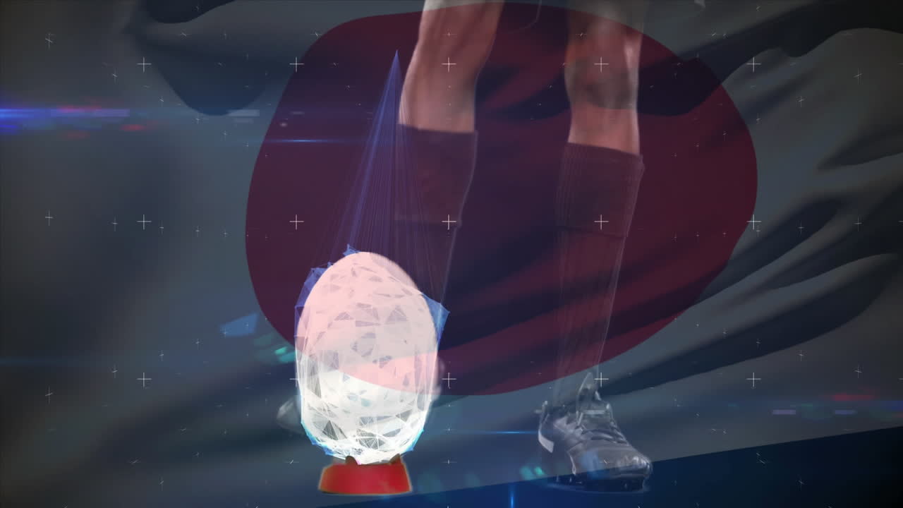 jugador de rugby pateando la pelota con una bandera japonesa en el fondo