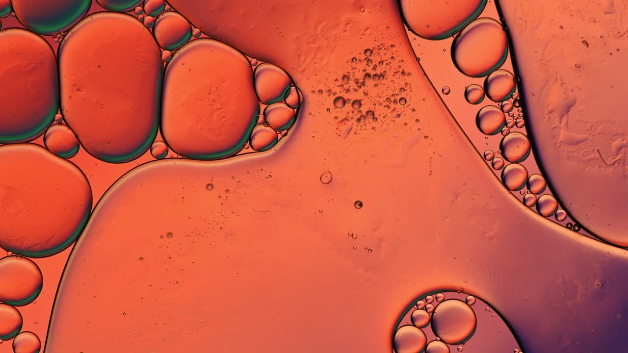 Gocce di olio alimentare colorate astratte, bolle e sfere che scorrono