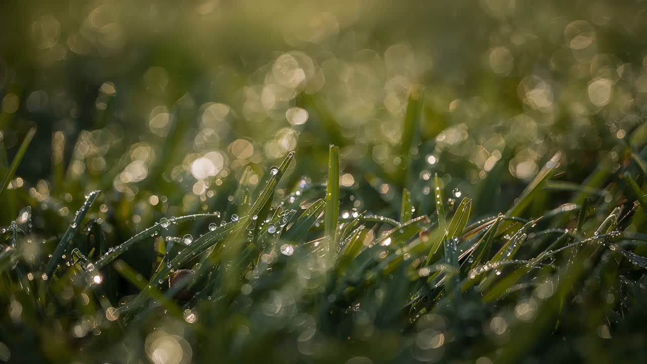 Pulling focus, macro lens bringing dewy blades into focus on lawn, showing droplets and bokeh