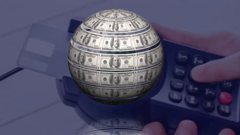 animation of globe made of dollars over payment terminal