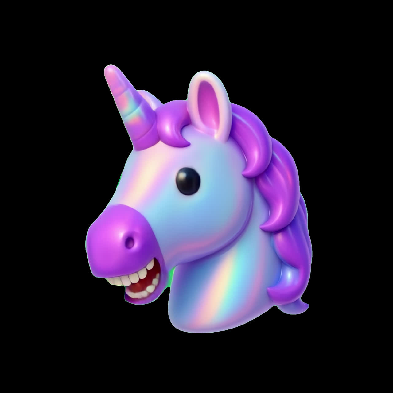 Colorful 3D unicorn head illustration animation isolated asset, transparent 4K video, alpha channel