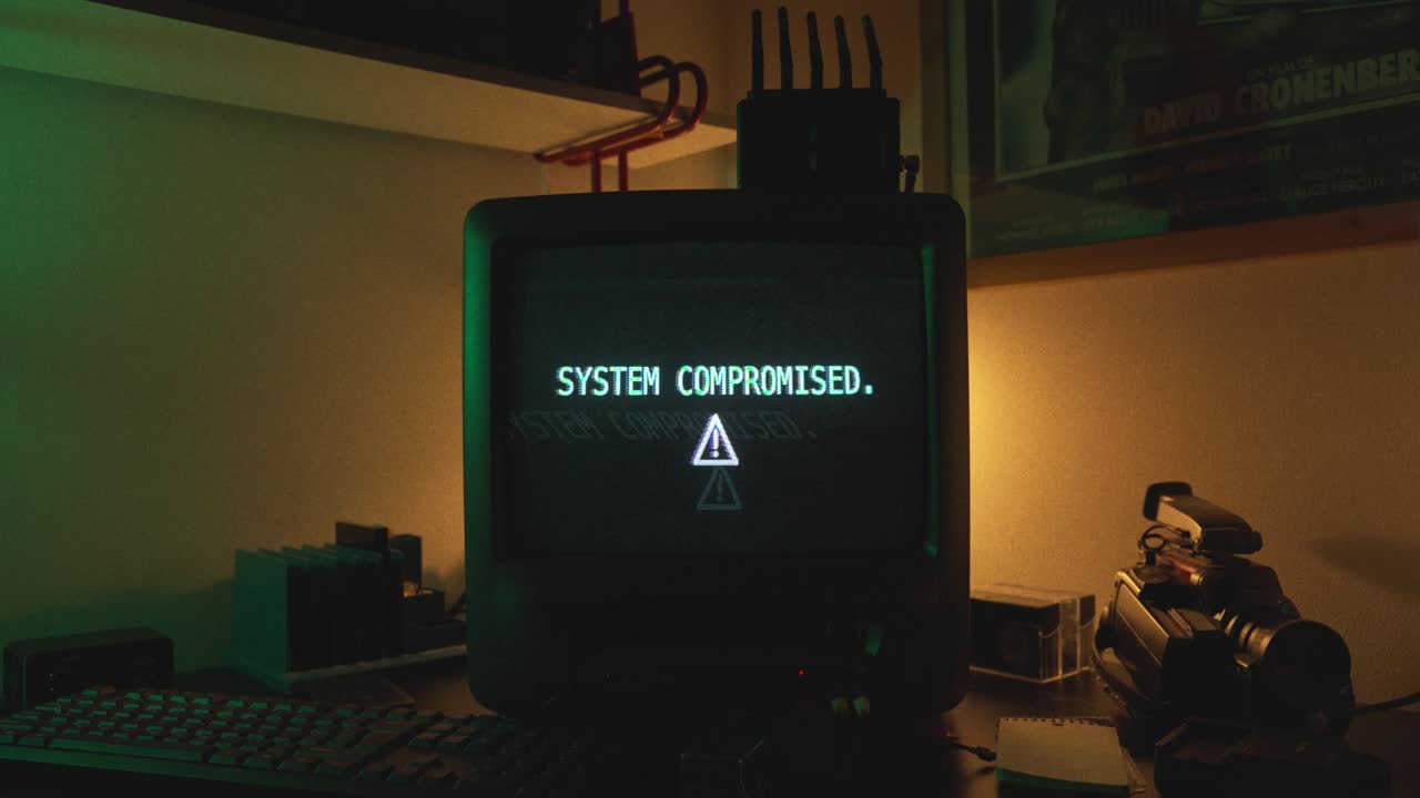 Boot sequence on CRT next to camcorder in dim hacker workspace with colored light, alert malicious code system compromised