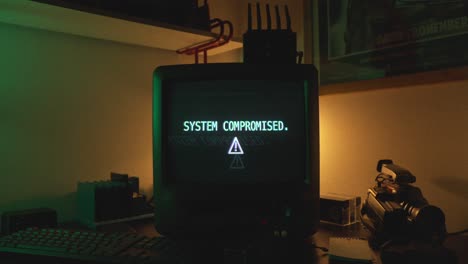 Boot sequence on CRT next to camcorder in dim hacker workspace with colored light, alert malicious code system compromised