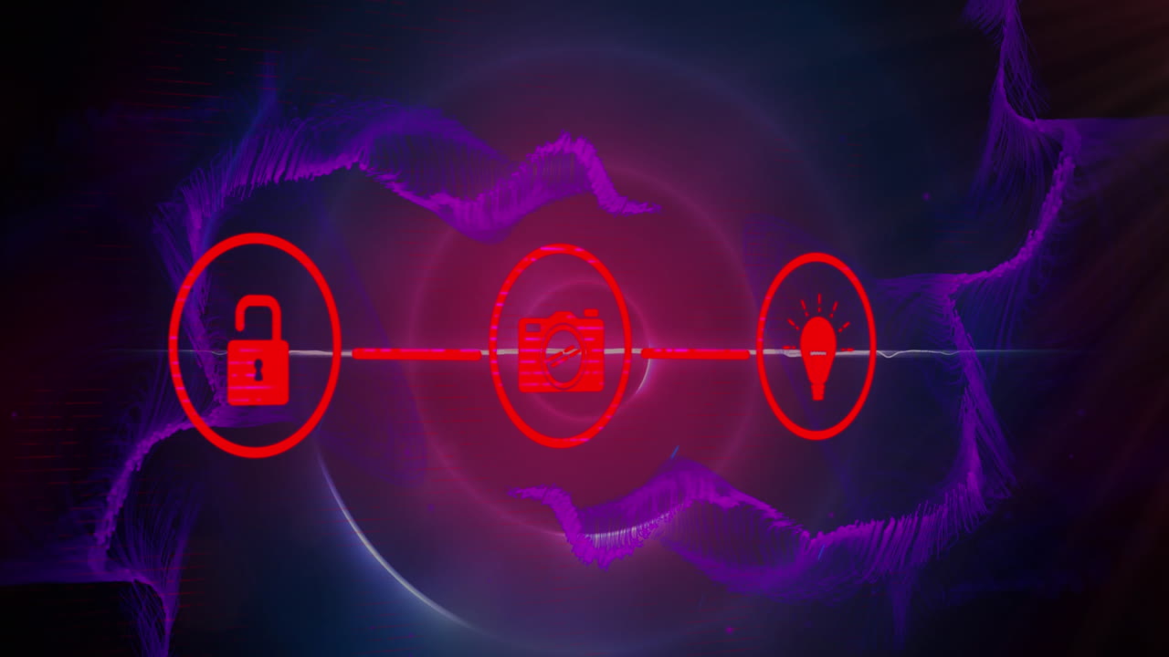 animación de la red de conexiones con iconos sobre senderos de luz púrpura