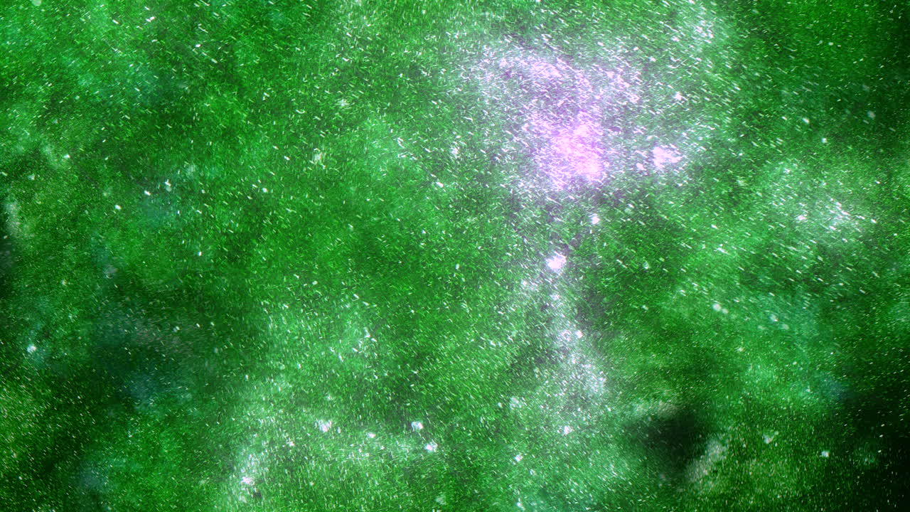 Vibrant green and purple nebula with scattered white dots and central bright light