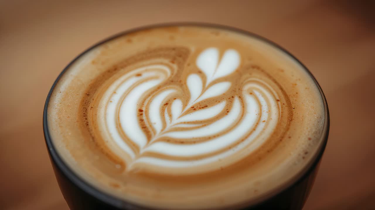 Showing camera framing centered dark-rimmed latte cup resting on wood table, showcasing rosetta art