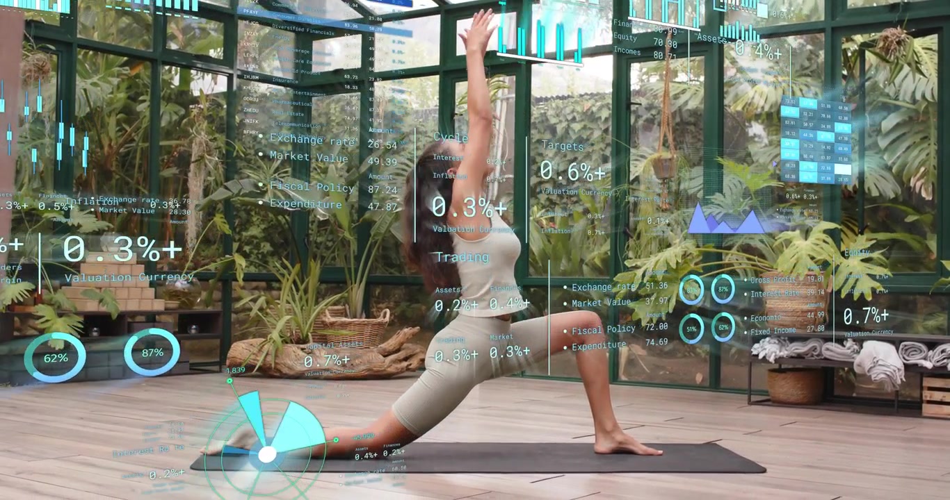 woman settling left knee on yoga mat starting lunge flow with holographic fitness metrics updating