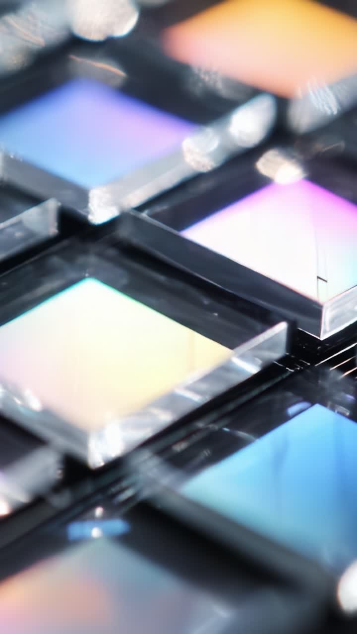 Nahaufnahme von farbenfrohen Prismen, die Lichtreflexionen und Brechungen in einer dynamischen Darstellung optischer Phänomene und Glaswaren einfangen – Eine Erkundung der visuellen Kunst