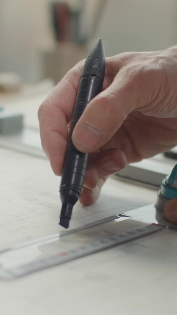 Architect Drawing Technical Blueprints with Ruler and Marker