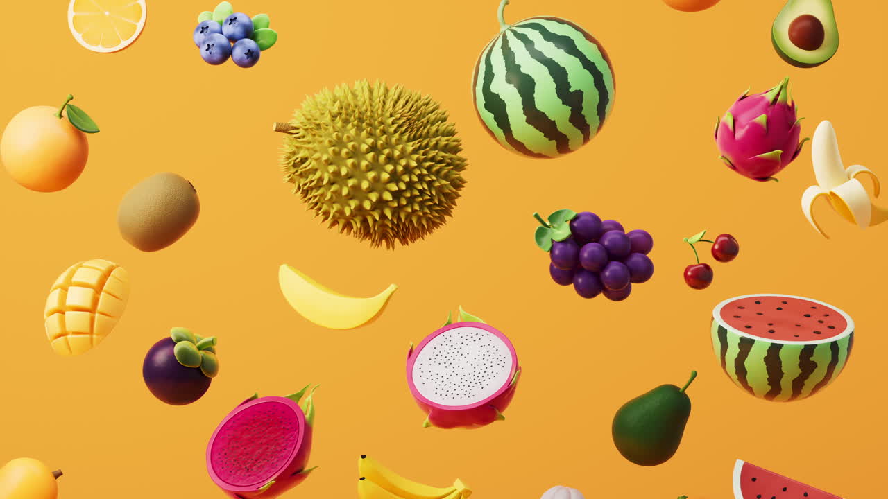 Et utvalg fargerike frukter, rike på vitaminer og næringsstoffer, 3D-gjengivelse