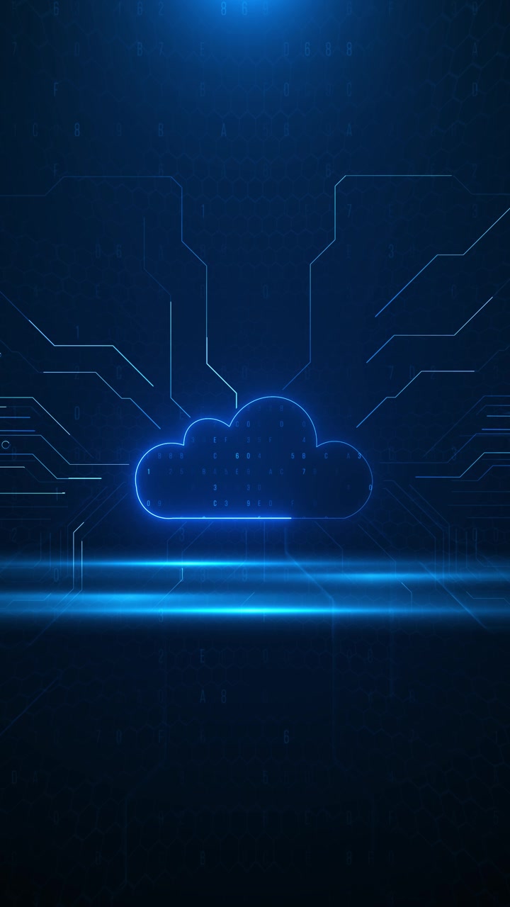 Digital cloud network technology visual circuit paths glowing cloud symbol futuristic dark interface