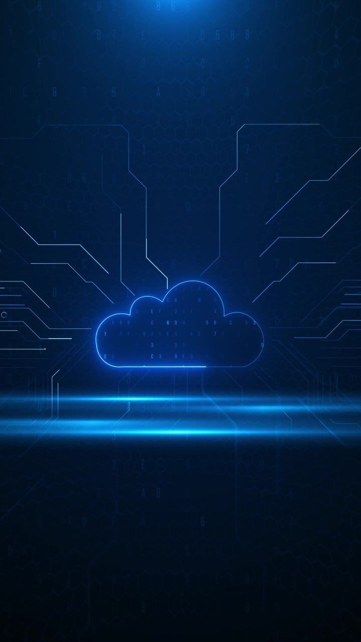 Digital cloud network technology visual circuit paths glowing cloud symbol futuristic dark interface