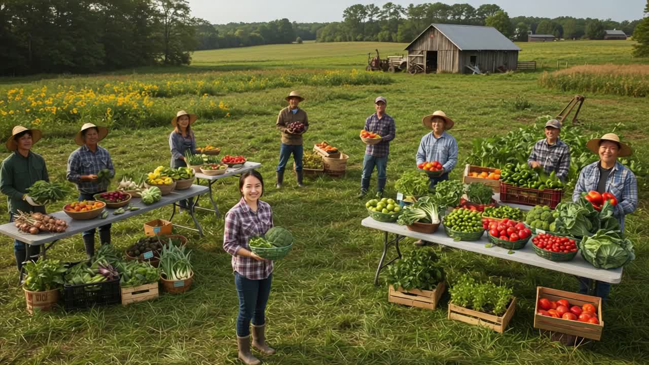 Farmers selling fresh produce at a rural farm market
