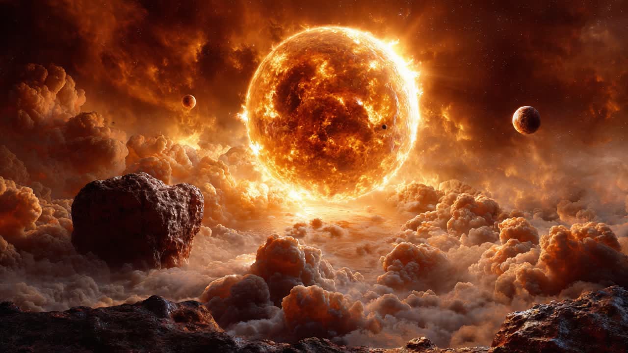 A Celestial View of a Fiery Sun Surrounded by Planets and Cosmic Clouds, Capturing the Elegance of Space and Atmospheric Wonders in Stunning Visual Detail