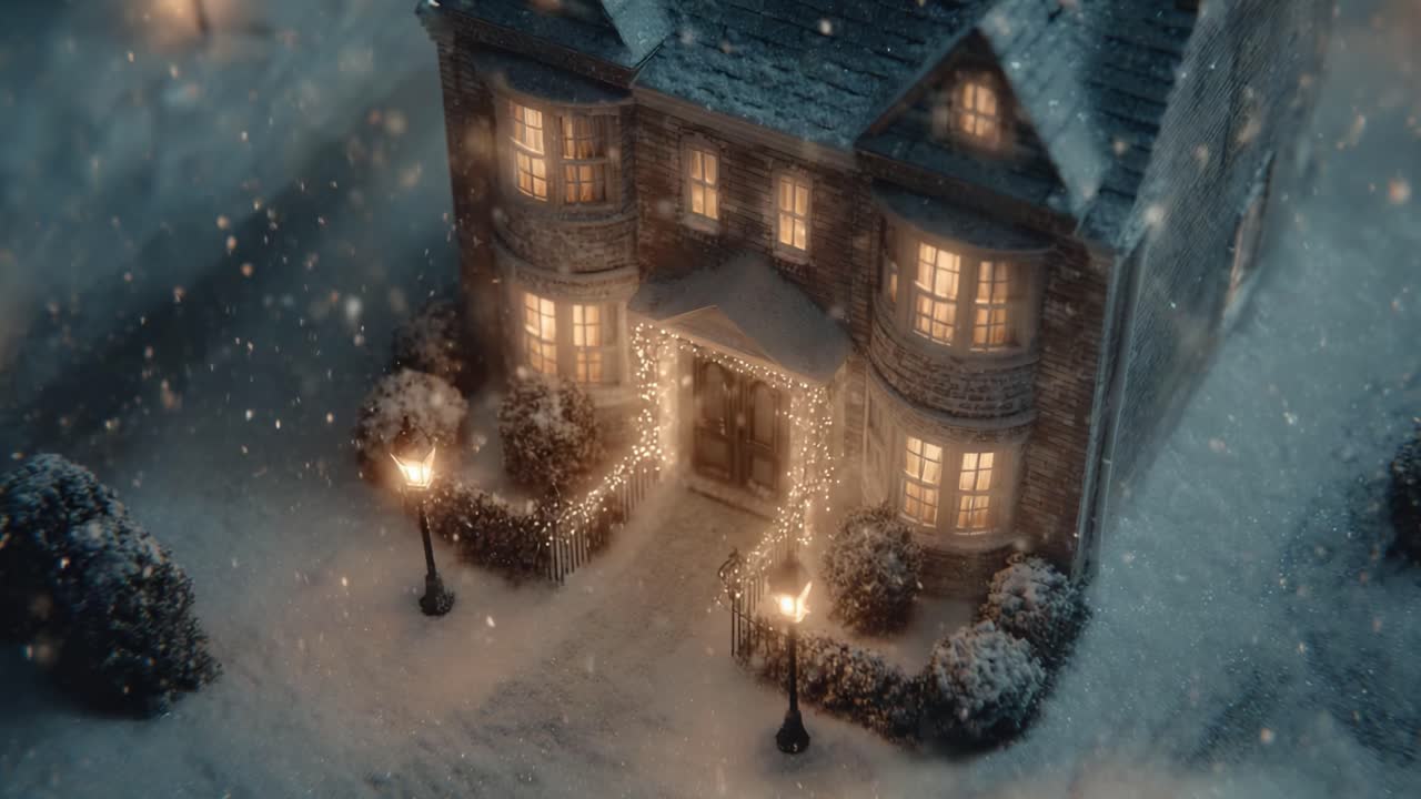 A Captivating Winter Scene: Charming House Adorned with Twinkling Lights and Softly Falling Snow, Creating a Cozy Holiday Atmosphere