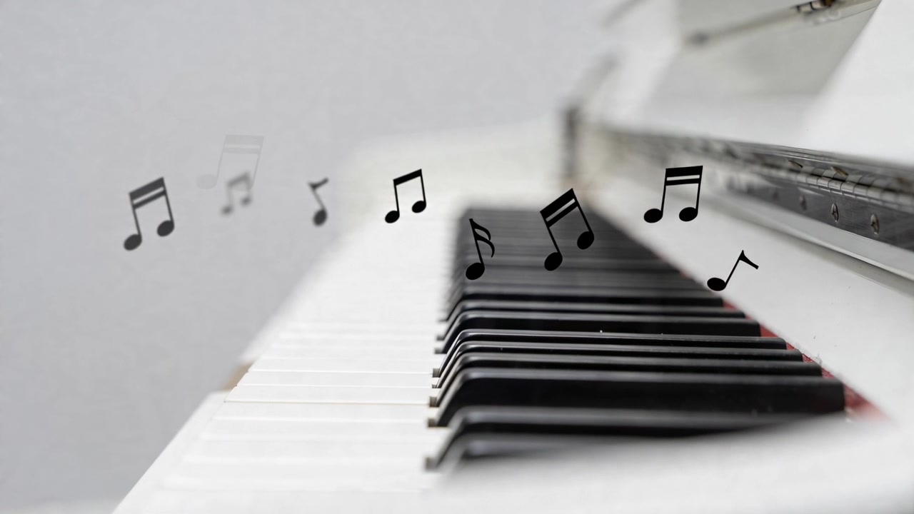 Animerede noder dukker op og bevæger sig hen over et hvidt klaverklaviatur i et enkelt rum, hvilket formidler musik.