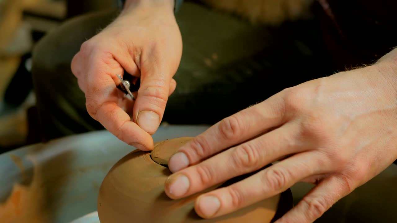 Professional male potter working in workshop, studio