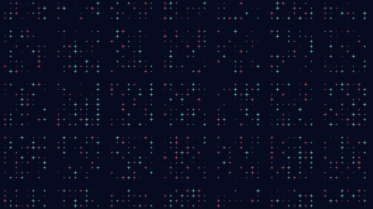 Abstract colorful plus sign particles on dark background, seamless motion backdrop