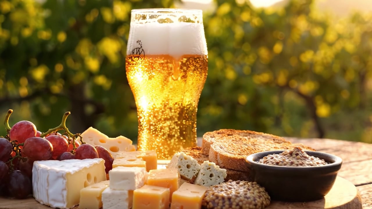 Delizioso Abbinamento di Formaggio e Birra Circondato da un Lussureggiante Paesaggio di Vigneti – Uno Spuntino Serale Perfetto per gli Amanti del Vino e del Formaggio
