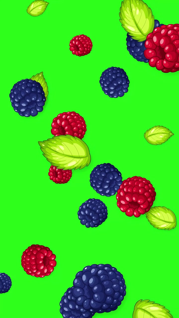 Animated raspberries, blackberries, and mint leaves fall vertically against a vibrant green screen background.