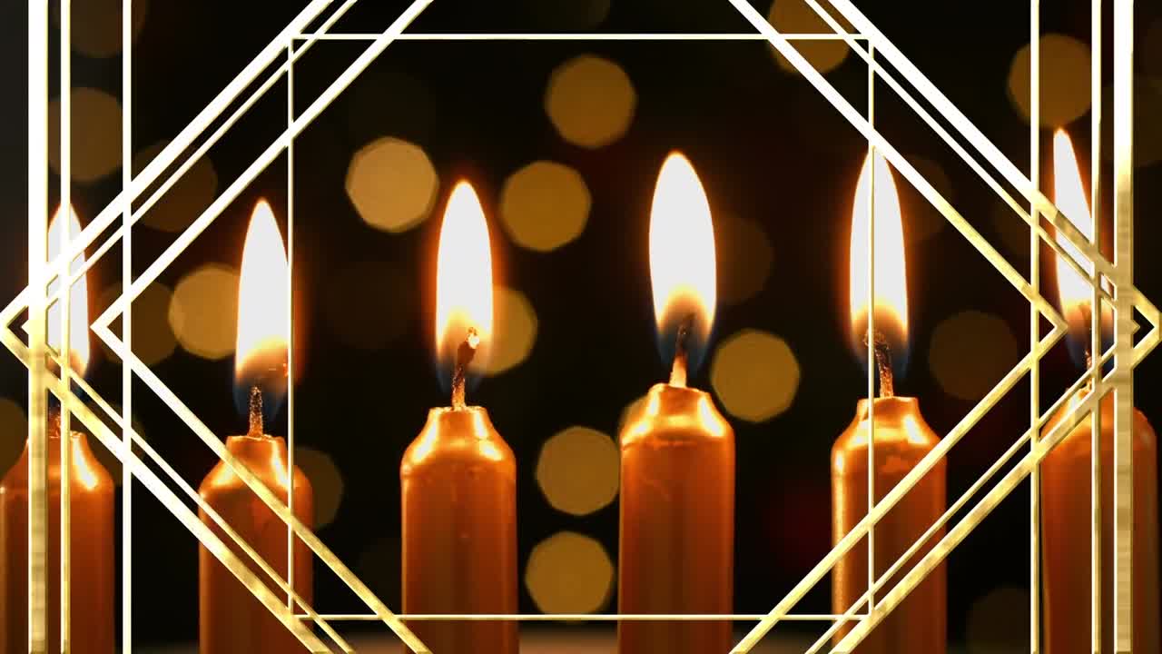 animación de patrones de líneas doradas que se mueven sobre velas de pastel de cumpleaños encendidas y luces bokeh