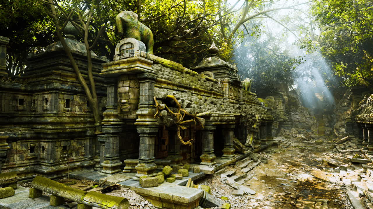 Ancient temple ruins surrounded by lush vegetation in cambodia jungle