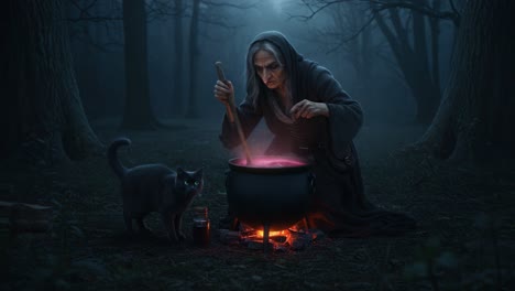 an enigmatic sorceress engaging in alchemical rituals under a moonlit forest, accompanied by a mysterious black cat, as she brews an intriguing potion in her cauldron