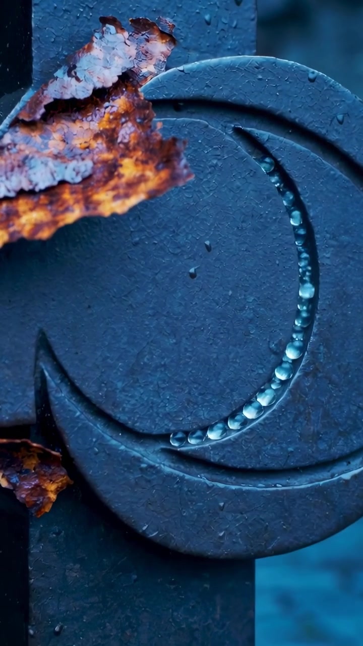 Vertical video: Peeling rust flakes from rain revealing iron gate scroll with beads on pavement