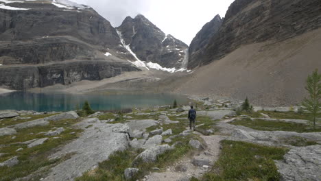 a young couple navigating through rocks and scrub on the turquoise shore of lake o'hara, alberta, canada.