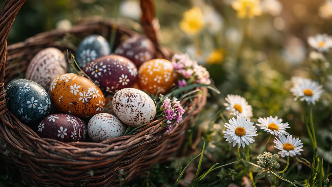 Beautifully Decorated Easter Eggs in a Rustic Basket Surrounded by Fresh Wildflowers and a Soft Golden Glow of Springtime Light