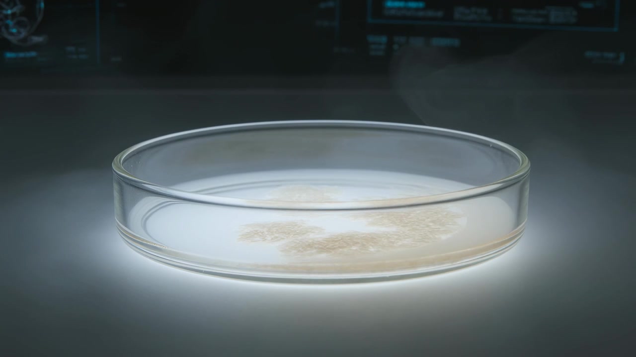 Drifting low fog swirling around clear glass petri dish on lit platform, revealing pale residue