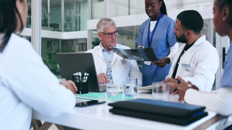 staff, meeting and doctors with a laptop
